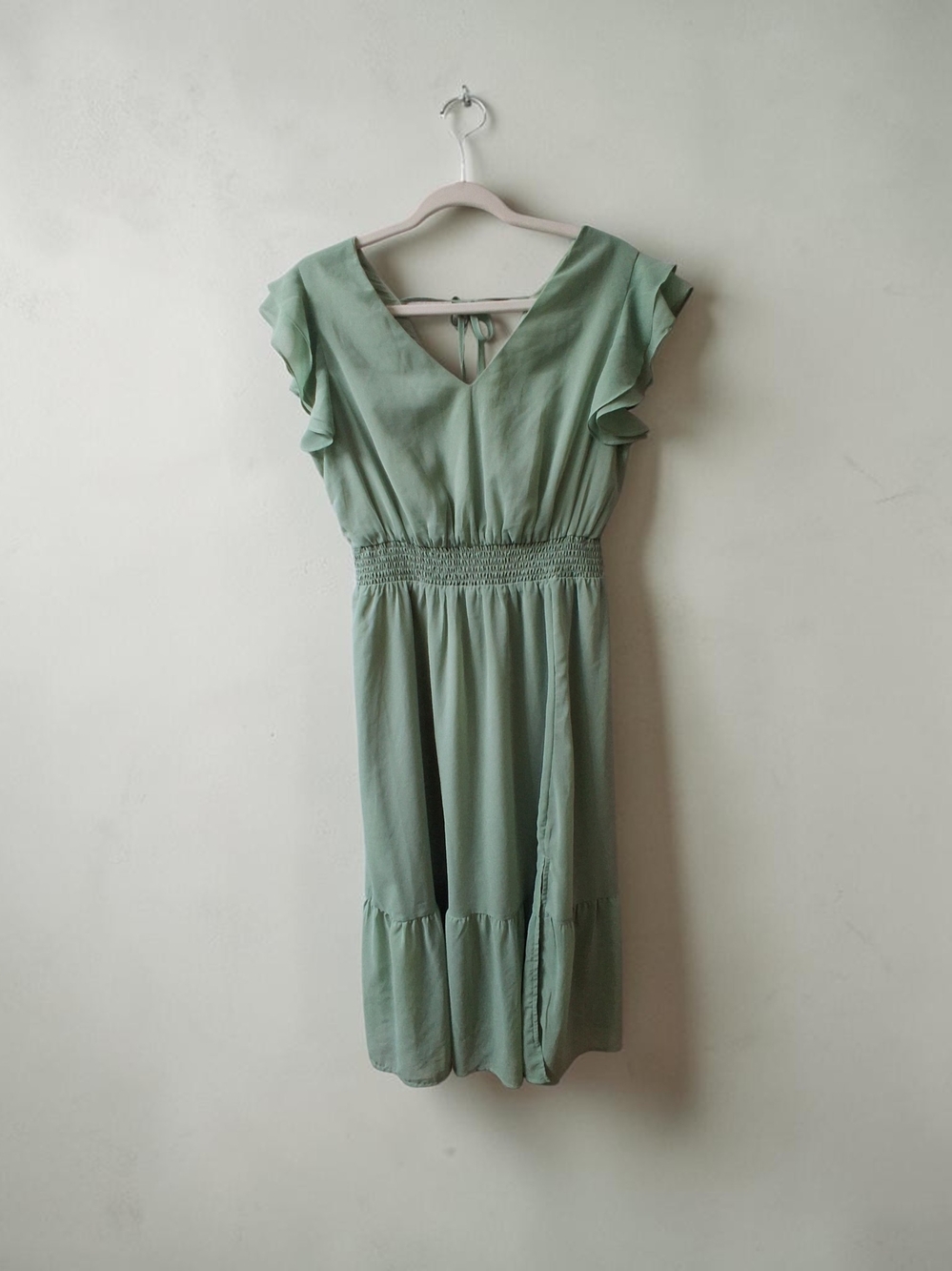 Grace Karin Sage Green V-Neck Smocked Midi Dress